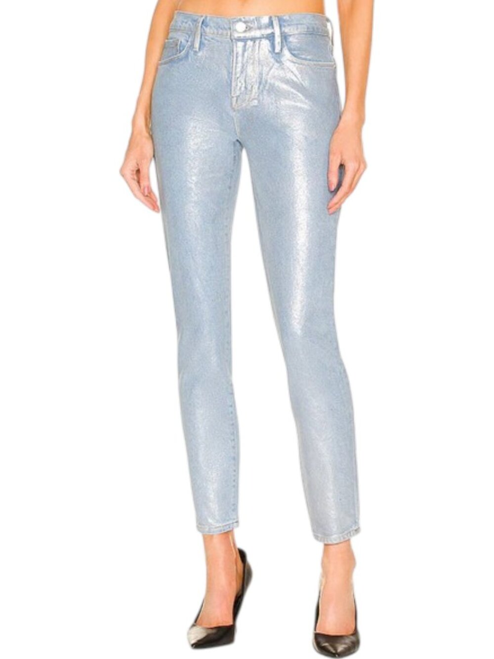 FRAME Le Skinny de Jeanne Metallic Silver Coated Jeans NWT Size 24 - Picture 1 of 15